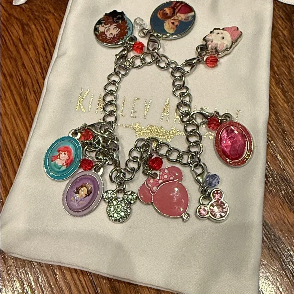 Disney charm bracelet 8” 9 removable charms + 2 Mickey rings NEW